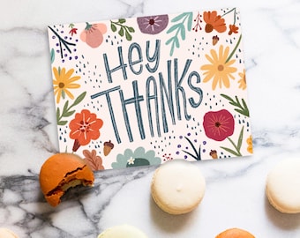 Hey Thanks Floral Card, Envelope, & Optional Handwritten Card Message | Choose Your Style | Includes Stamp and Mailing