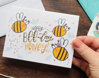 Happy Bee-day Honey Card and Envelope | Cute Birthday Greeting Card