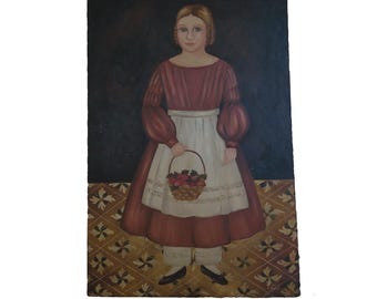 Vintage 24 x 36 Apron Woman Fine Art Self Portrait Oil Painting On Canvas Wall Art