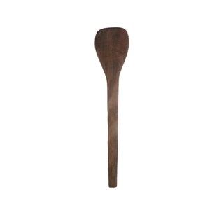 May include: A wooden cooking spoon with a wide, rounded head and a long, slender handle. The spoon is made of dark brown wood and has a natural, rustic appearance. Ideal for stirring and serving.