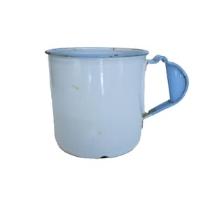Vintage Large White and Blue Enamelware Pot Pitcher