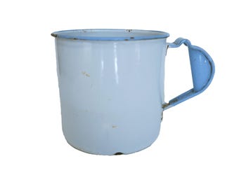 Vintage Large White and Blue Enamelware Pot Pitcher