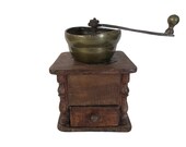Antique Wood and Brass Countertop Coffee Bean Grinder Mill