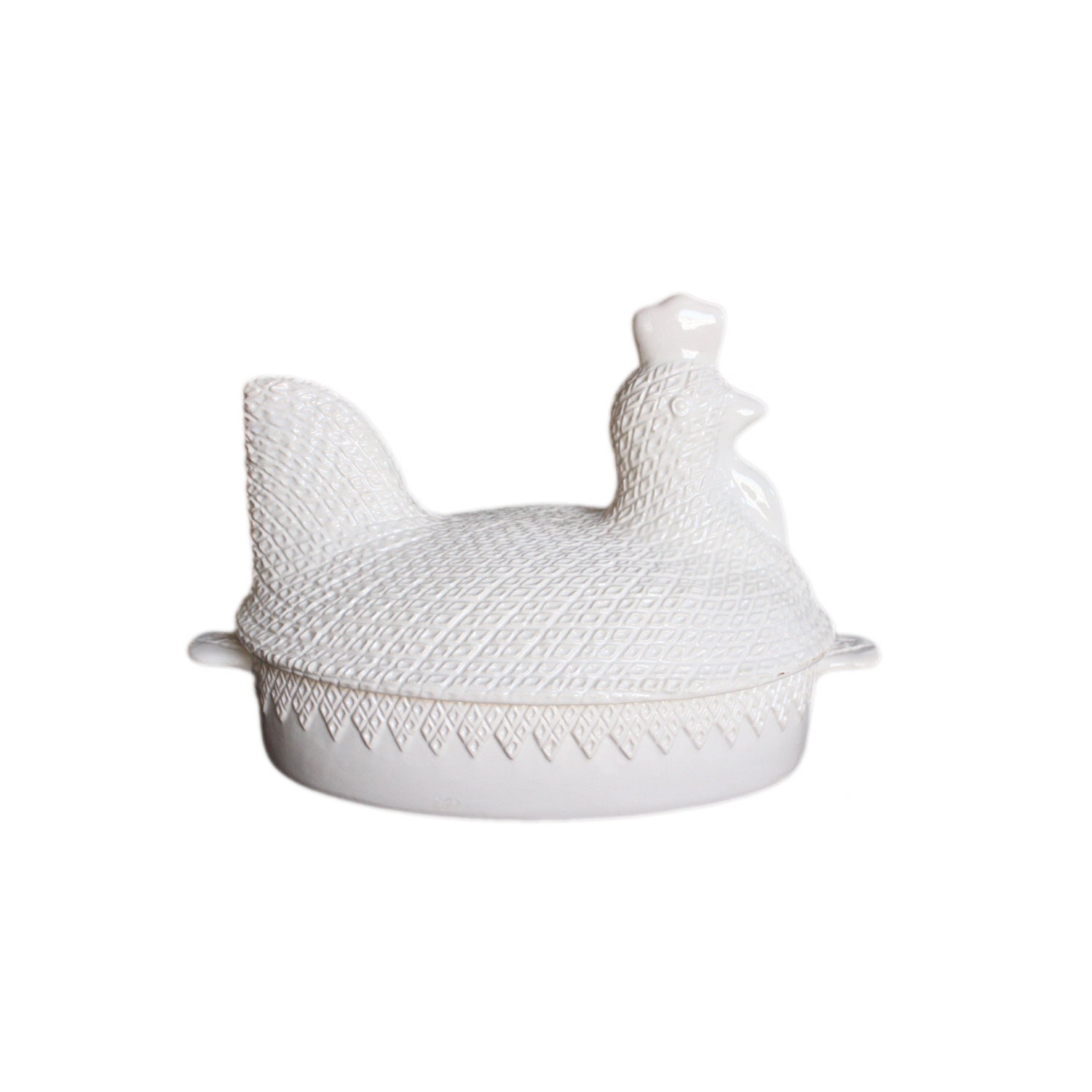 Vintage Whittier Potteries White Ceramic Chicken Covered Oval Casserole Dish