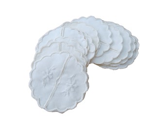 Vintage Scalloped Floral White Linen Wine Coasters Set of 16