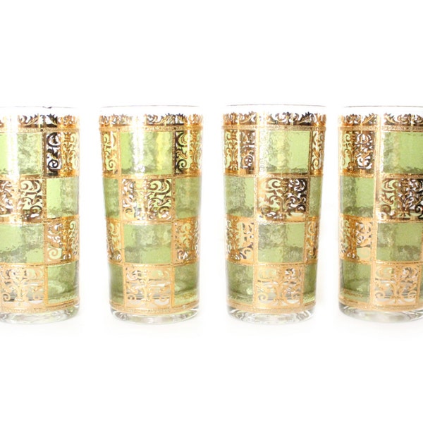 RESERVED FOR JTATGE1 Vintage Culver Ltd. 22kt Gold Medallion Green Stained Glass Cocktail Glasses Set of 4