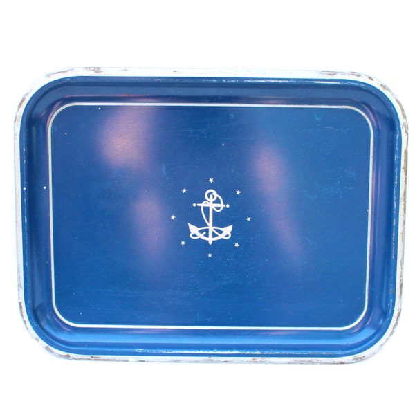 Set of 12 Vintage Blue Anchor Motif Mid Century Nautical Metal Serving Trays