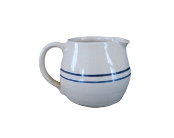 Vintage Small Blue and White Striped Pottery Stoneware Crock Creamer Pitcher