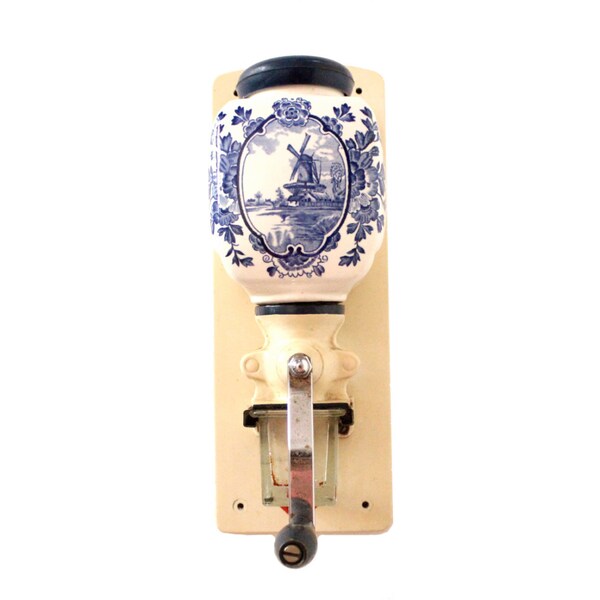 Antique Wall Mounted Dutch Coffee Bean Grinder - Blue and White Porcelain Windmill Motif