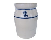 Antique 2 Gallon Blue Striped Pottery Stoneware Butter Churn Crock