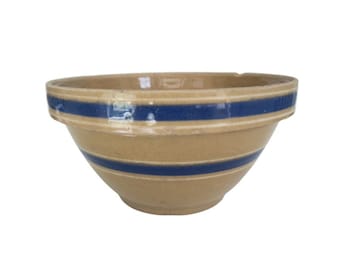 Antique Large Yellow Blue Striped Stoneware Crock Bowl