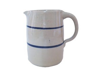 Vintage Small Blue Striped Pottery Stoneware Crock Pitcher