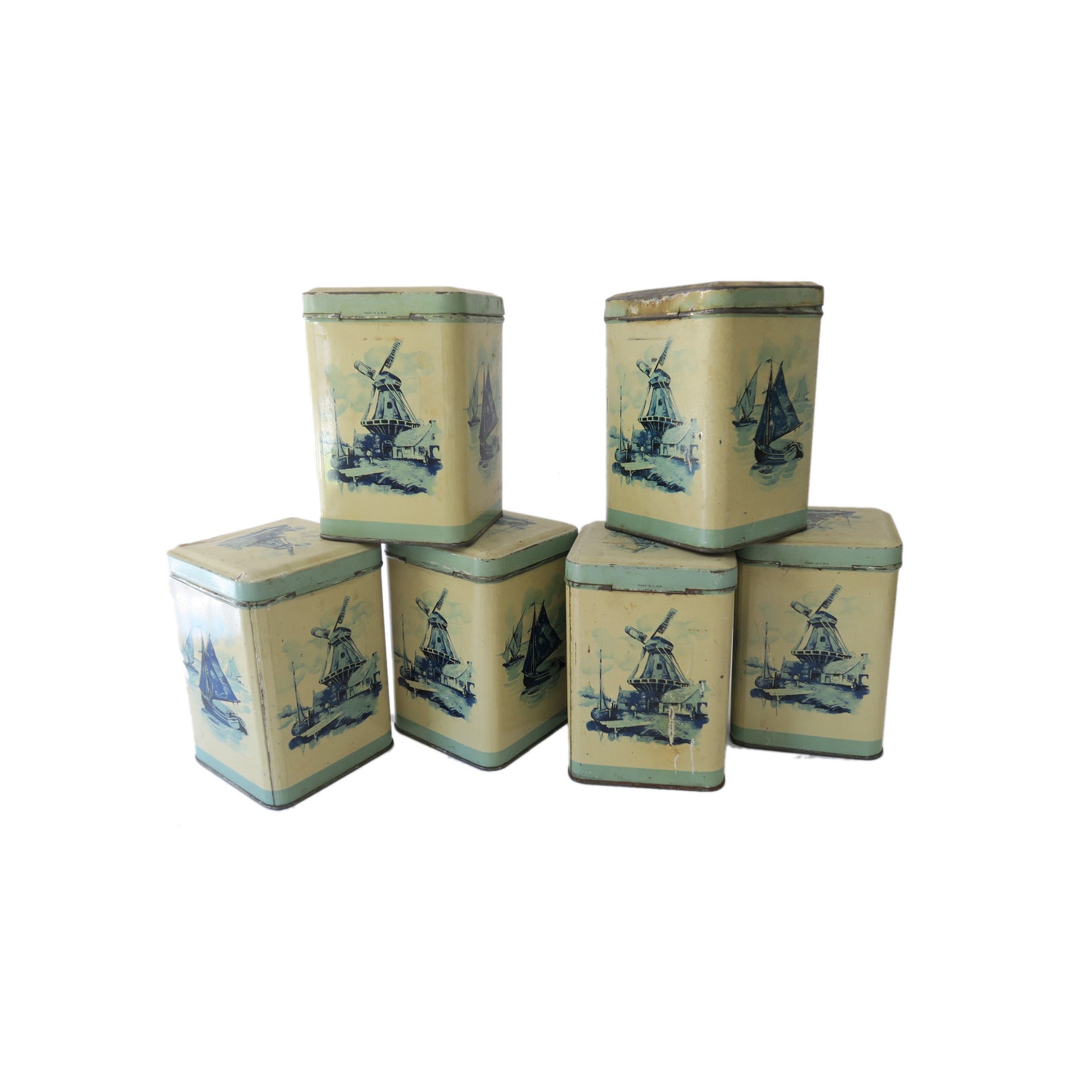 Antique Blue and White Dutch Tin Kitchen Canister Set of 6 Etsy