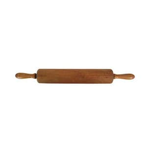May include: A wooden rolling pin with a cylindrical body and two handles. The rolling pin is made of light brown wood and is designed for rolling out dough for baking. The handles are rounded and provide a comfortable grip.
