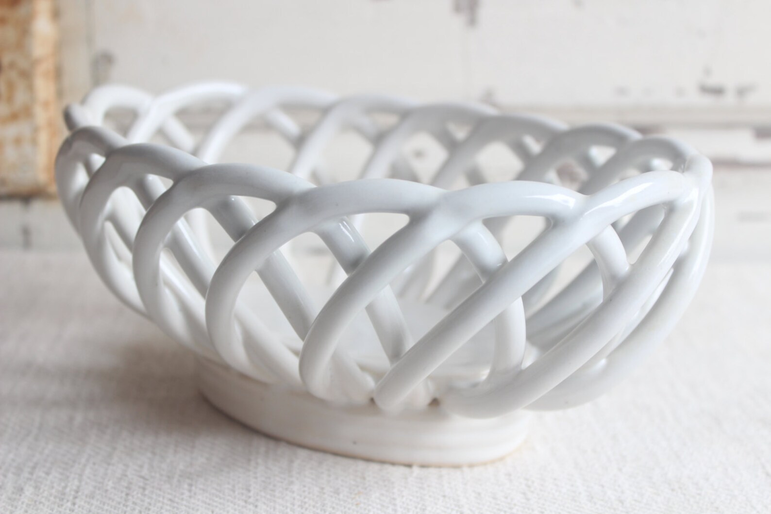 Vintage White Ceramic Open Weave Bread Serving Bowl Basket Etsy