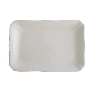 May include: A rectangular white ceramic tray featuring a smooth, glossy surface and a raised, decorative border with a repeating embossed pattern along the edges. The tray has rounded corners and a clean, uniform finish throughout its entire structure.