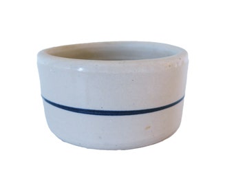 Vintage White and Blue Striped Low Round Ceramic Stoneware Crock Planter