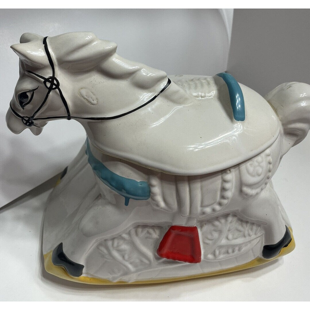 White Rocking Horse Cookie Jar Vintage Ceramic Blue Red Etsy