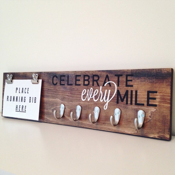 Celebrate Every Mile, Running Medal Holder, Running Plaque, Running Sign, Running Bib Holder, Marathon Sign, Custom Sign, Marathon Plaque