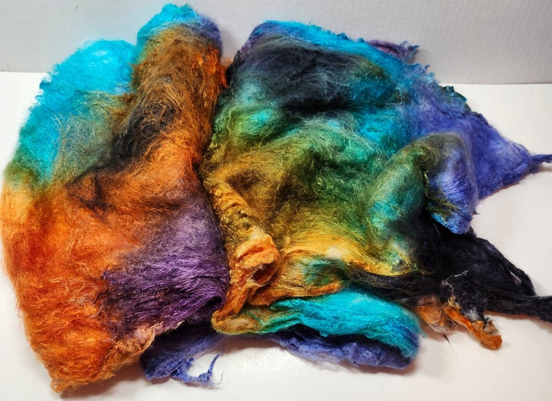 Hand Dyed Mulberry Silk Lap for Spinning Felting Blending Silk Fusion and Mixed Media Arts 1oz Paradise Fish image 3