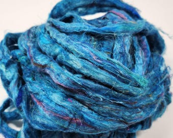 Sari Silk Roving Lagoon for Spinning, Felting & Carding with Other Fibers