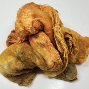 Hand Dyed Mulberry Silk Hankies: Fiber for Felting, Spinning, Mixed Media - Midas Touch 0.5oz