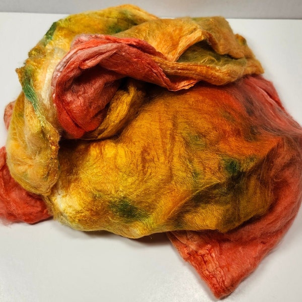 Hand Dyed Mawata Silk Hankies Mulberry Silk for Nuno Felting Spinning Knitting Weaving Textile Arts 0.5oz Jack-O-Lantern