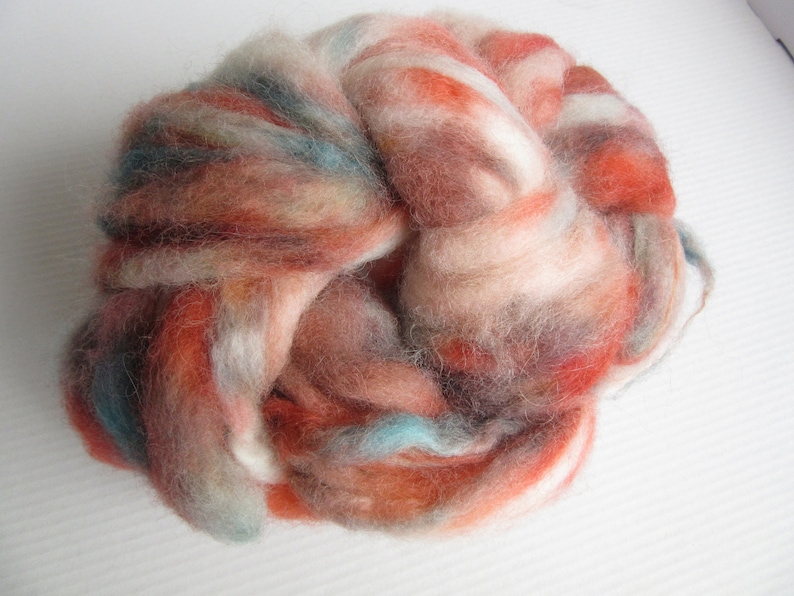 2 oz Teal and Salmon 100/% Alpaca Roving Indie Speckle Dyed Russet