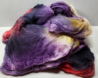 Hand Dyed Mawata Silk Hankies Mulberry Silk for Nuno Felting Spinning Knitting Weaving Textile Arts 0.5oz  Purple Emperor