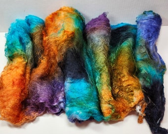 Hand Dyed Mulberry Silk Lap for Spinning Felting Blending Silk Fusion and Mixed Media Arts 1oz Paradise Fish