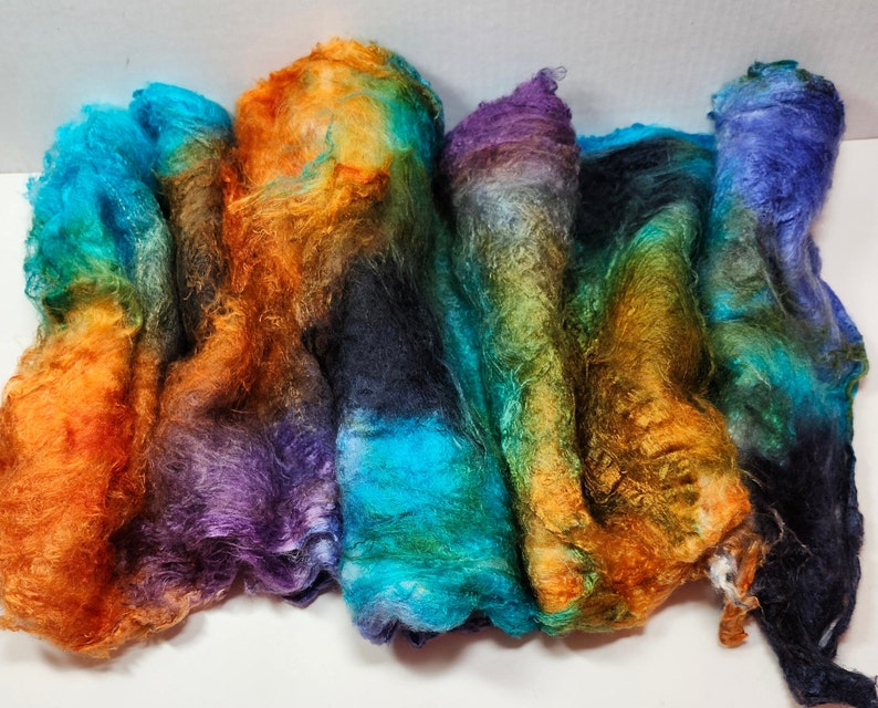 Hand Dyed Mulberry Silk Lap for Spinning Felting Blending Silk Fusion and Mixed Media Arts 1oz Paradise Fish image 1