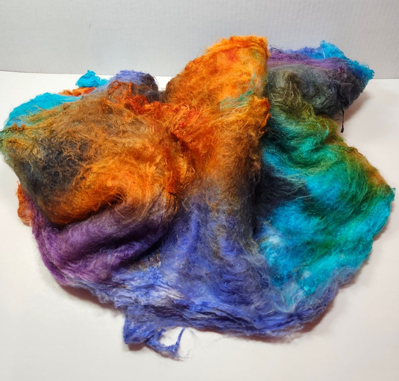 Hand Dyed Mulberry Silk Lap for Spinning Felting Blending Silk Fusion and Mixed Media Arts 1oz Paradise Fish image 2