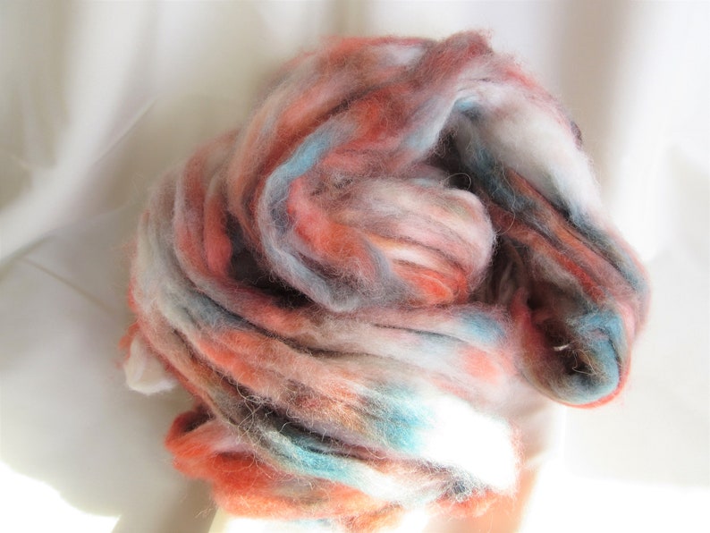 2 oz Teal and Salmon 100/% Alpaca Roving Indie Speckle Dyed Russet