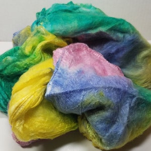 Hand Dyed Mawata Silk Hankies Mulberry Silk for Nuno Felting Spinning Knitting Weaving Textile Arts 0.5oz Springtime