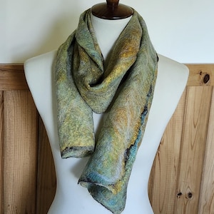 Nuno Wet Felted Scarf Handmade From Mulberry Silk Lap Merino and Sari Silk