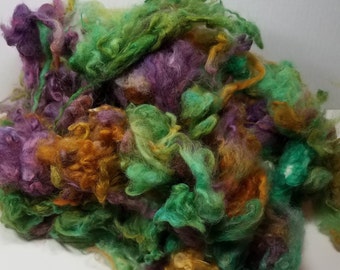 Hand Washed Hand Dyed Uncarded 100 Percent Alpaca Fiber 4oz Mardis Gras 3 to 4 inch Staple Length