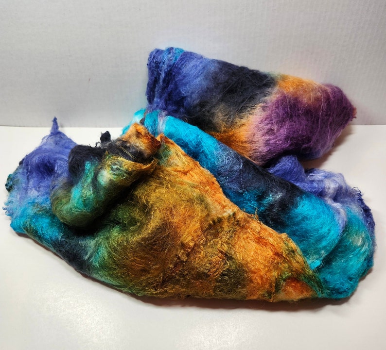 Hand Dyed Mulberry Silk Lap for Spinning Felting Blending Silk Fusion and Mixed Media Arts 1oz Paradise Fish image 7