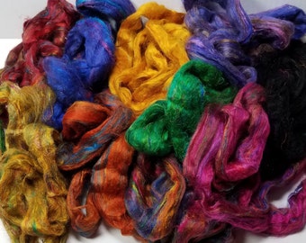 Sari Silk Roving Assortment Pulled Sari Silk Recycled Sari Silk 10 colors totaling 2.5 ounces