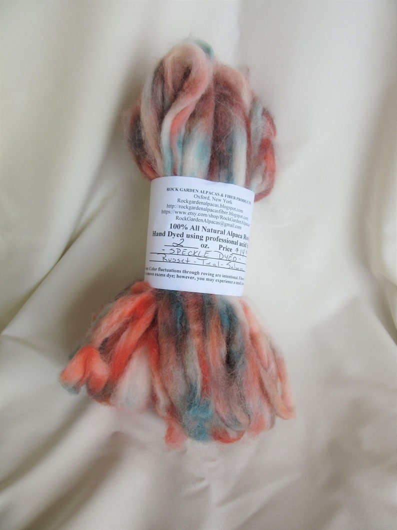 2 oz Teal and Salmon 100/% Alpaca Roving Indie Speckle Dyed Russet