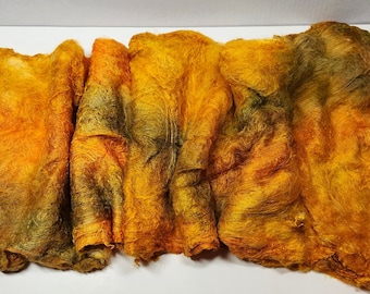 Hand Dyed Mulberry Silk Lap for Spinning Felting Blending Silk Fusion and Mixed Media Arts 1.0oz Midas Touch