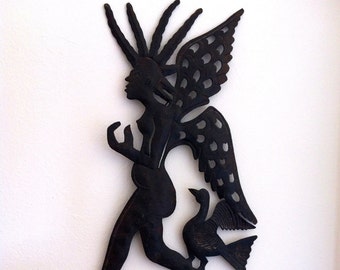 Vintage Angel, Sylvestre Haitian Recycled Steel,  Figural Art, Steel Drum Sculpture, Angel with Bird