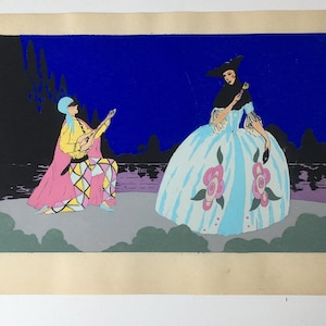Vintage French Pochoir, Original Fashion Print, Hand Colored Stencil Art Deco