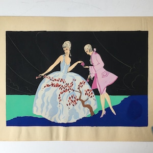 Antique French Pochoir, Hand Colored Stencil, Original Art Deco Fashion Print