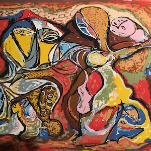 May include: Abstract art print with a colorful, swirling design featuring a mix of yellow, blue, red, pink, and brown. The print has a textured surface and is signed "MR" in the bottom left corner.