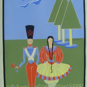 Art Deco Toy Soldier & Maiden French Stencil, Color Pochoir C. Pellerin, Signed in Plate, France, Charming Child&#39;s Print