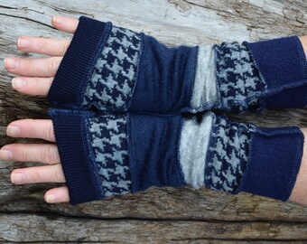 Navy and grey houndstooth wristwarmers made from repurposed sweaters in soft merino wool and lambswool