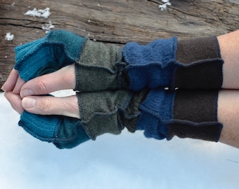 wool and wool blend armwarmers made from repurposed sweaters in gorgeous shades of teal, turquoise, royal blue, brown and forest green, yoga