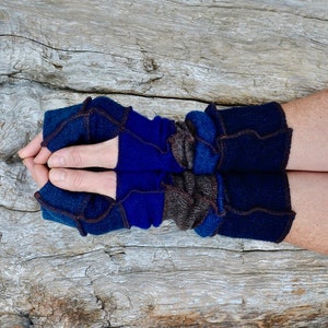 Magnifiques chauffe-poignets dans des tons de bleu et de marron, laine, cachemire, acrylique, gants pour femme, cadeau pour elle image 2