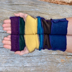 Beautiful, long multicoloured wristwarmers in beautiful merino wool and wool blend fabrics in eggplant, dijon mustard, forest green, blue image 3