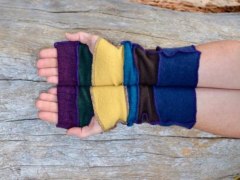 Beautiful, long multicoloured wristwarmers in beautiful merino wool and wool blend fabrics in eggplant, dijon mustard, forest green, blue image 3